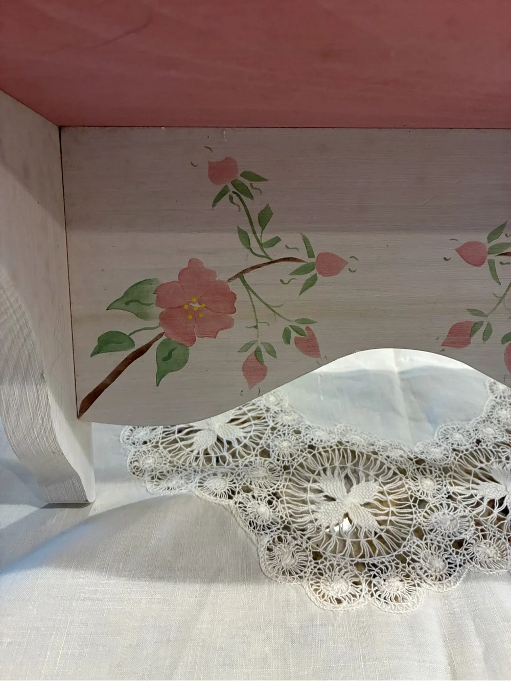 Hand-Painted Pink and White Floral Wood Shelf